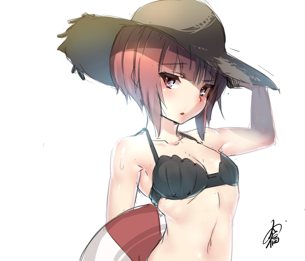 1girl :o arm_up armpits ayagi_daifuku bangs bare_shoulders bikini bikini_top black_bikini blunt_bangs blush breasts brown_hat collarbone eyebrows_visible_through_hair hand_on_headwear hat kantai_collection lifebuoy looking_at_viewer navel open_mouth raised_eyebrows red_eyes redhead short_hair signature simple_background small_breasts solo stomach straw_hat swimsuit upper_body white_background z3_max_schultz_(kantai_collection)