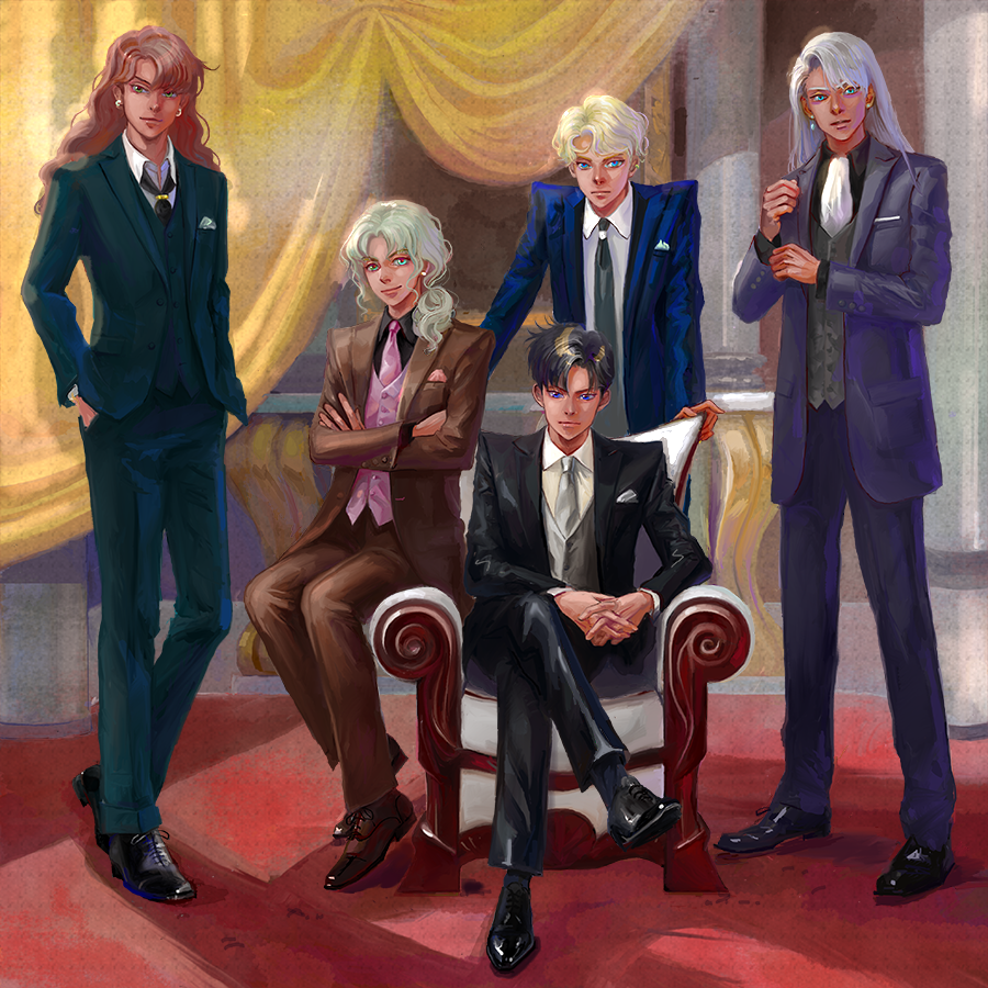 5boys bishoujo_senshi_sailor_moon chair chiba_mamoru curtains earrings formal hand_in_pocket interlocked_fingers jadeite_(sailor_moon) jewelry karafuru_tako kunzite_(sailor_moon) legs_crossed male_focus multiple_boys necktie nephrite_(sailor_moon) shoes sitting standing suit zoisite_(sailor_moon)