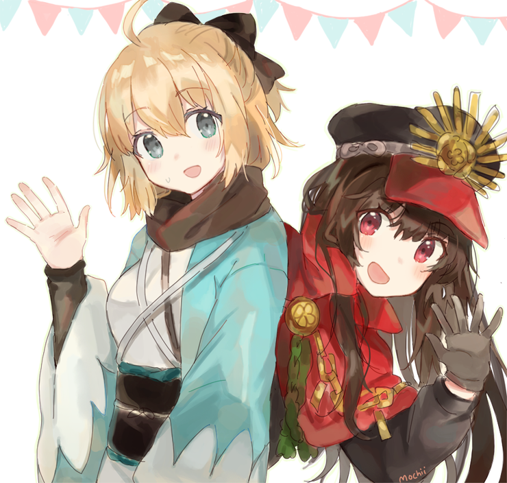 2girls :d ahoge artist_name bangs black_hair black_jacket black_ribbon blonde_hair blue_eyes blue_kimono blush cape commentary english_commentary eyebrows_visible_through_hair fate_(series) gloves grey_gloves hair_between_eyes hair_ribbon hand_up hat jacket japanese_clothes kimono koha-ace long_hair long_sleeves mochii multiple_girls obi oda_nobunaga_(fate) okita_souji_(fate) open_mouth peaked_cap pink_eyes red_cape ribbon sash short_hair signature smile sweatdrop waving wide_sleeves