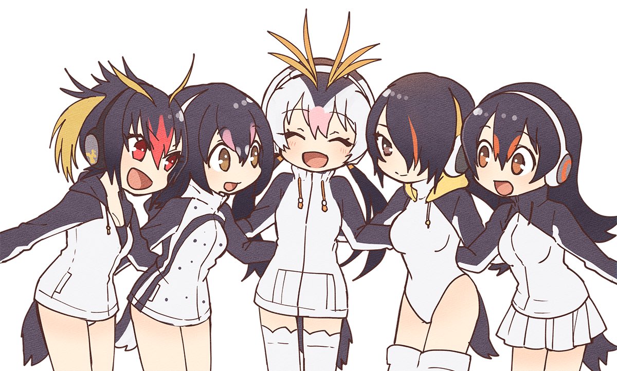 5girls :d ^_^ black_hair black_jacket blonde_hair brown_eyes closed_eyes cowboy_shot doremifa_rondo_(vocaloid) drawstring emperor_penguin_(kemono_friends) eyebrows_visible_through_hair gentoo_penguin_(kemono_friends) hair_between_eyes hair_over_one_eye hand_on_another's_back headphones hood hoodie humboldt_penguin_(kemono_friends) jacket kemono_friends leotard long_hair looking_at_viewer low_twintails miniskirt multicolored multicolored_clothes multicolored_hair multicolored_jacket multiple_girls official_art open_mouth orange_hair penguin_tail penguins_performance_project_(kemono_friends) pink_hair pleated_skirt pocket red_eyes redhead rockhopper_penguin_(kemono_friends) royal_penguin_(kemono_friends) simple_background skirt smile streaked_hair tama_(songe) thigh-highs turtleneck twintails white_background white_hair white_jacket white_legwear white_skirt