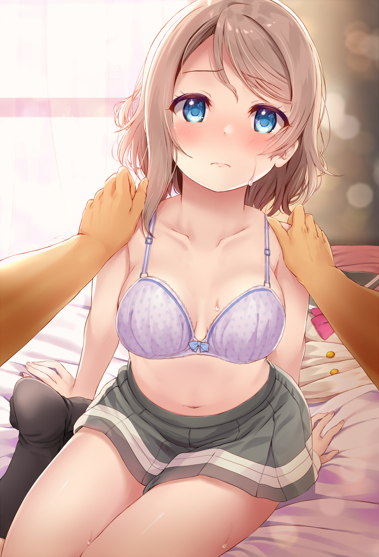 1girl bad_feet blue_eyes blush bra breasts collarbone commentary_request eyebrows_visible_through_hair grey_hair hands_on_another's_shoulders komone_ushio looking_at_viewer love_live! love_live!_sunshine!! medium_breasts navel on_bed pleated_skirt pov purple_bra short_hair skirt solo_focus sweatdrop underwear undressing watanabe_you