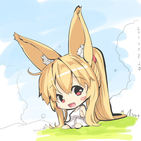 1girl :d absurdly_long_hair animal_ears bangs bare_arms bare_shoulders barefoot blonde_hair blue_sky blush_stickers breasts chibi clouds dated day dress eyebrows_visible_through_hair fox_ears fox_girl fox_tail hair_between_eyes high_ponytail long_hair looking_at_viewer medium_breasts on_grass open_mouth original outdoors ponytail red_eyes sitting sky sleeveless sleeveless_dress smile solo tail very_long_hair white_dress yuuji_(yukimimi)