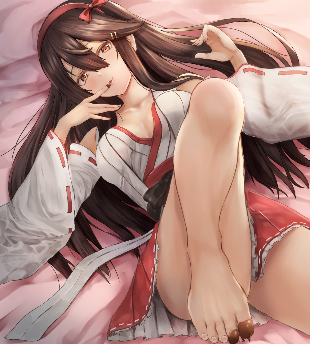 1girl bare_shoulders black_hair brown_eyes chocolate detached_sleeves food_on_body hair_between_eyes hairband haruna_(kantai_collection) irohakaede japanese_clothes kantai_collection long_hair nontraditional_miko pleated_skirt red_hairband red_skirt ribbon-trimmed_sleeves ribbon_trim skirt solo wide_sleeves