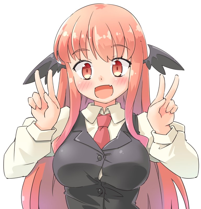 1girl arnest black_vest blush breasts buttons collared_shirt commentary double_v eyebrows_visible_through_hair fang head_wings koakuma large_breasts long_hair long_sleeves looking_at_viewer necktie open_mouth red_eyes redhead shirt simple_background solo touhou upper_body v vest white_shirt