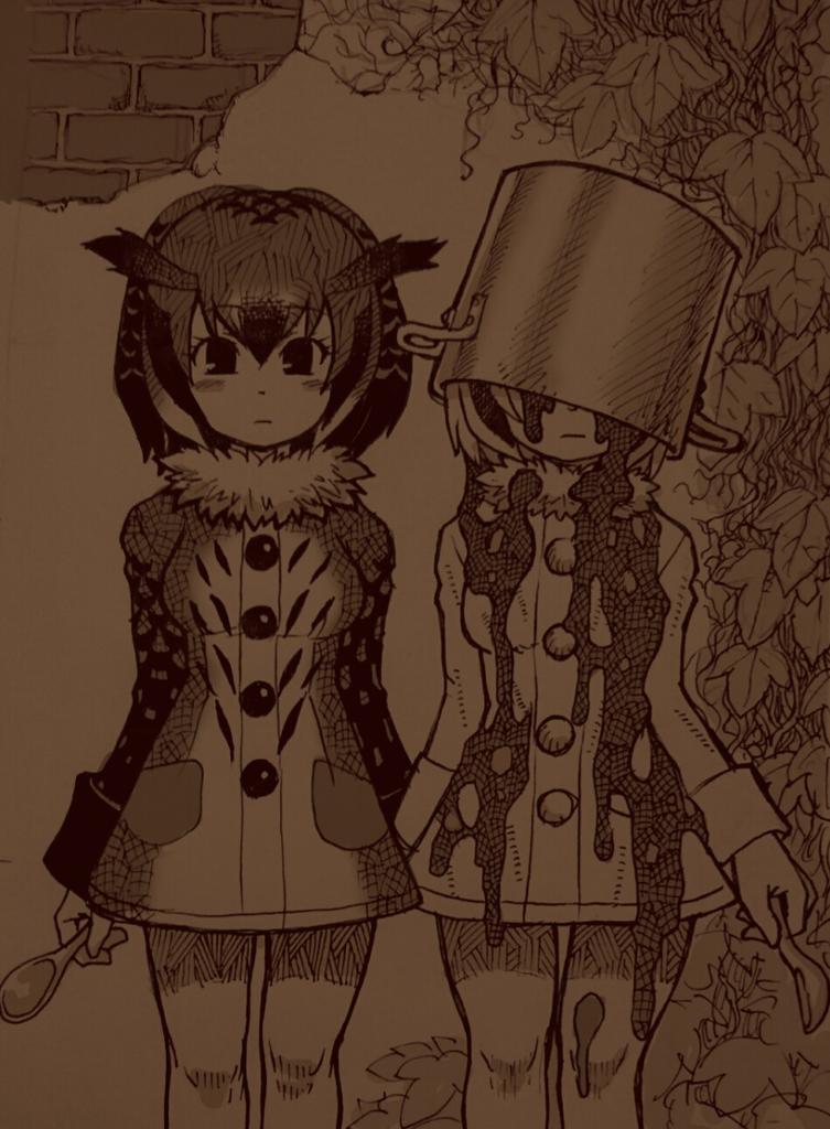 2girls :| arms_at_sides bangs blush_stickers breasts brick_wall buttons closed_mouth coat cowboy_shot curry eurasian_eagle_owl_(kemono_friends) eyebrows eyebrows_visible_through_hair eyelashes facing_viewer food food_on_clothes food_on_face fur_collar hair_between_eyes holding holding_spoon kemono_friends kouson_q leaf legs_apart long_sleeves looking_at_viewer medium_breasts multicolored_hair multiple_girls northern_white-faced_owl_(kemono_friends) object_on_head plant pocket pot short_hair sleeve_cuffs spoon standing vines