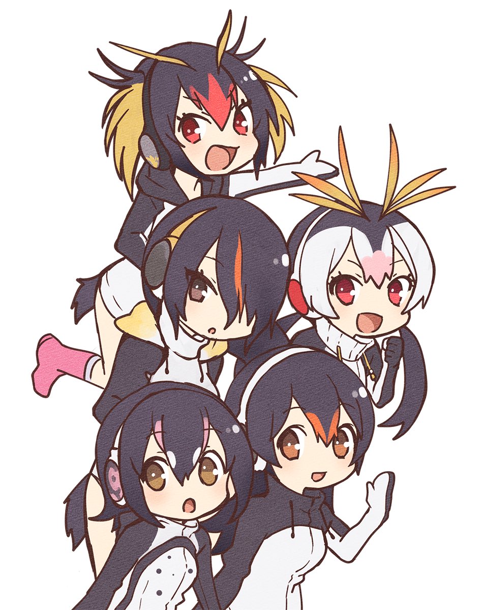 5girls :d :o black_hair black_jacket blonde_hair boots brown_eyes clenched_hand doremifa_rondo_(vocaloid) drawstring emperor_penguin_(kemono_friends) eyebrows_visible_through_hair gentoo_penguin_(kemono_friends) hair_between_eyes hair_over_one_eye hand_up headphones highres hood hoodie humboldt_penguin_(kemono_friends) jacket kemono_friends long_hair looking_at_viewer low_twintails multicolored multicolored_clothes multicolored_hair multicolored_jacket multiple_girls official_art open_mouth orange_hair outstretched_arm penguin_tail penguins_performance_project_(kemono_friends) pink_footwear pink_hair red_eyes redhead rockhopper_penguin_(kemono_friends) royal_penguin_(kemono_friends) simple_background smile streaked_hair tama_(songe) turtleneck twintails white_background white_hair white_jacket