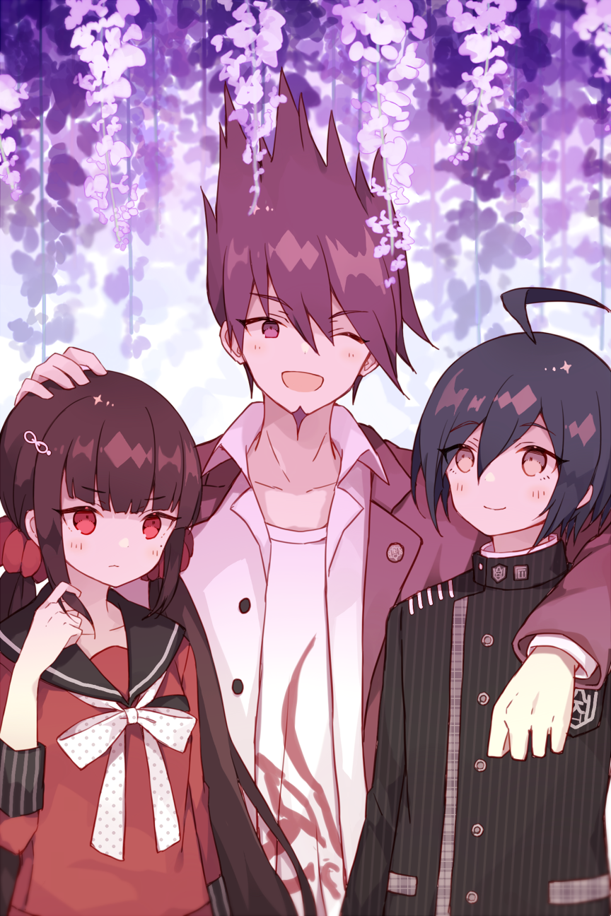 1girl 2boys ;d ahoge arm_around_neck arm_at_side bangs beard black_hair blunt_bangs blush brown_eyes closed_mouth collared_shirt dangan_ronpa emblem eyebrows_visible_through_hair facial_hair flower gakuran hair_ornament hairclip hand_on_another's_head harukawa_maki hatoichi_reno highres jacket long_hair long_sleeves looking_at_viewer looking_down looking_up low_twintails momota_kaito multiple_boys neckerchief new_dangan_ronpa_v3 one_eye_closed open_clothes open_mouth open_shirt playing_with_own_hair polka_dot_neckwear purple_hair purple_jacket red_shirt saihara_shuuichi school_uniform serafuku shirt sidelocks smile spiky_hair striped twintails upper_body vertical_stripes very_long_hair violet_eyes white_neckwear white_shirt wing_collar wisteria