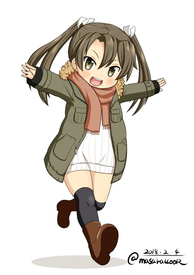 1girl alternate_costume black_legwear boots brown_scarf chibi coat dated dress full_body fur-trimmed_coat fur_trim green_coat green_eyes grey_hair hair_ribbon kantai_collection looking_at_viewer masara_(masalucky2010) open_mouth outstretched_arms ribbed_sweater ribbon simple_background smile solo sweater sweater_dress thigh-highs twitter_username white_background white_ribbon zuikaku_(kantai_collection)