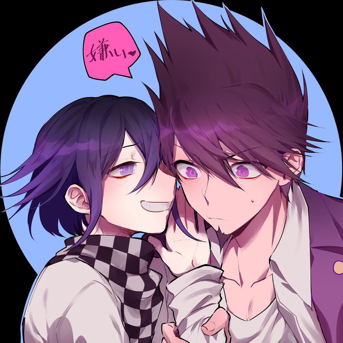 2boys :d checkered_neckwear collarbone collared_shirt cravat dangan_ronpa eyebrows_visible_through_hair grey_shirt grin hair_between_eyes heart highres long_sleeves looking_down male_focus momota_kaito multiple_boys nanin new_dangan_ronpa_v3 open_mouth ouma_kokichi purple_hair shirt smile speech_bubble spiky_hair sweatdrop teeth two-tone_background upper_body violet_eyes whispering wing_collar wrist_grab yaoi