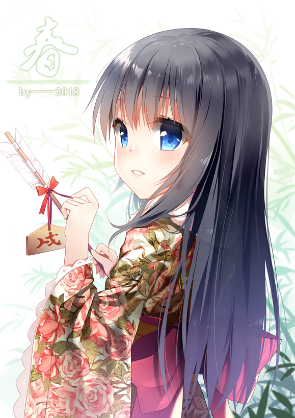 1girl 2018 arrow black_hair blue_eyes blush bow chinese commentary_request ema floral_print flower hamaya holding_arrow japanese_clothes kimono long_hair long_sleeves looking_at_viewer looking_to_the_side new_year original parted_lips pink_flower pink_rose print_kimono red_bow red_ribbon ribbon rose rose_print smile solo translated very_long_hair white_kimono wide_sleeves xia_xiang_(ozicha)