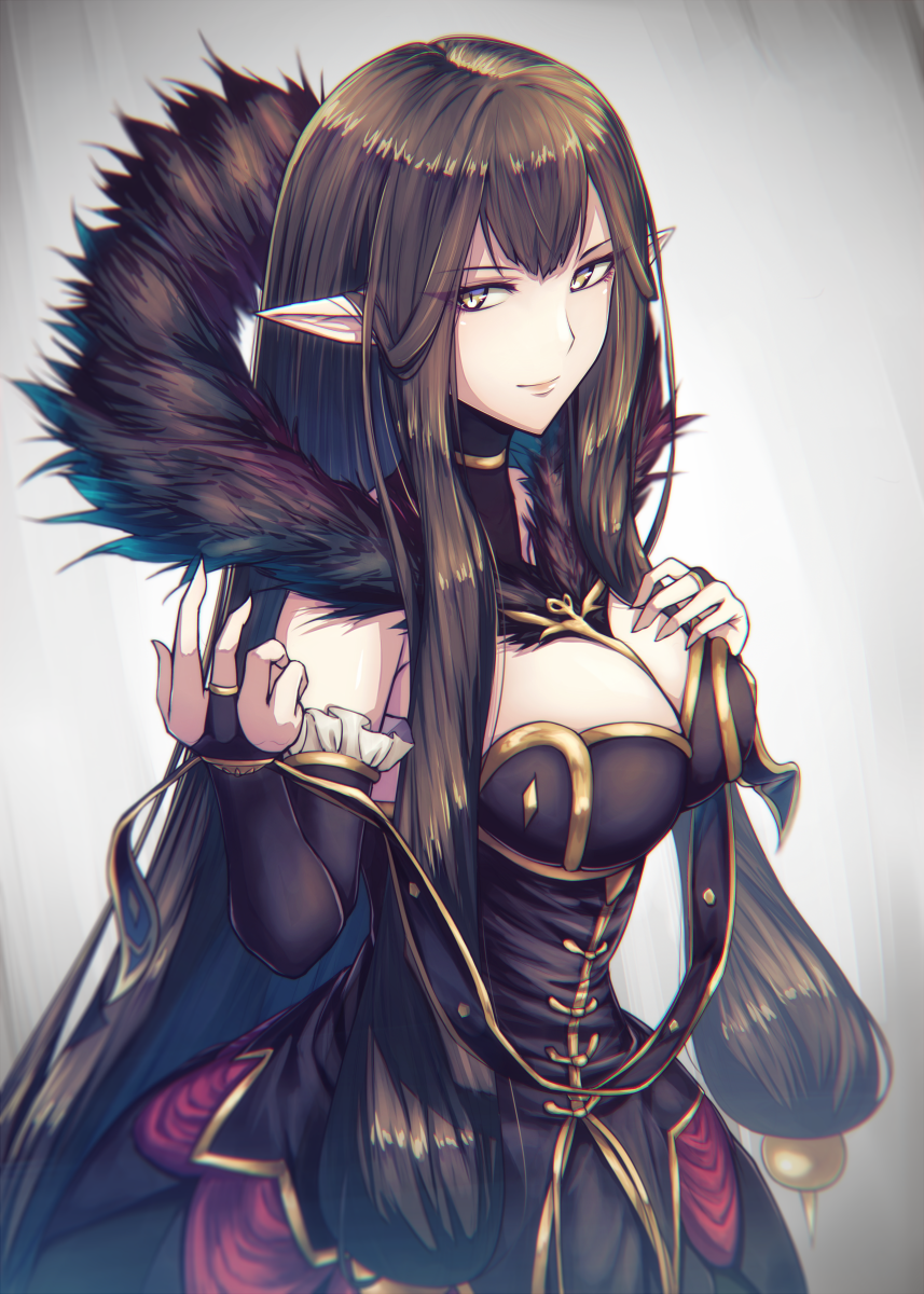 1girl bangs between_breasts black_dress blush breasts bridal_gauntlets brown_hair cleavage dress fal fate/grand_order fate_(series) fur-trimmed_dress fur_trim grey_background hand_up head_tilt highres long_hair medium_breasts open_mouth pointy_ears semiramis_(fate) simple_background solo straight_hair tsurime yellow_eyes