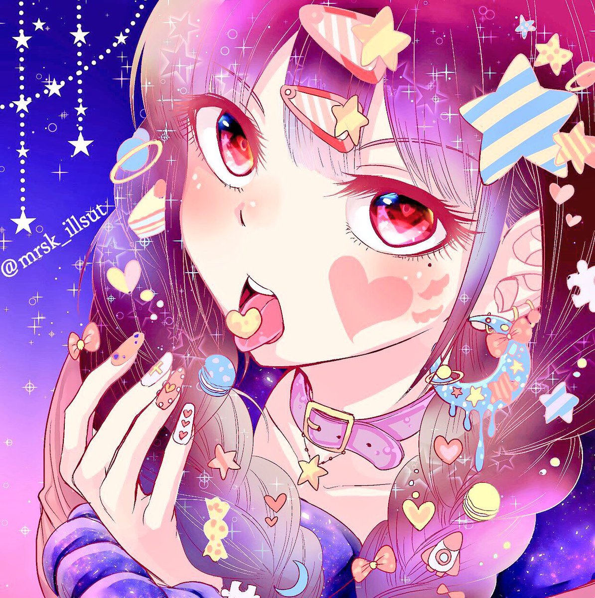 1girl alternate_hairstyle bangs blunt_bangs braid brown_hair buckle clenched_hand collar collarbone crescent crescent_earrings dangan_ronpa earrings eyelashes face facepaint facial_mark fingernails food food_themed_hair_ornament gradient gradient_background hair_ornament hairclip harukawa_maki highres holding holding_hair jewelry long_fingernails long_hair looking_at_viewer macaron mole mole_under_eye multicolored multicolored_hair multicolored_nail_polish murasaki_(deceive138) nail_polish new_dangan_ronpa_v3 open_mouth pink_hair purple_background purple_hair red_eyes rocket round_teeth solo sparkle star star_hair_ornament teeth tongue tongue_out twin_braids twitter_username upper_body