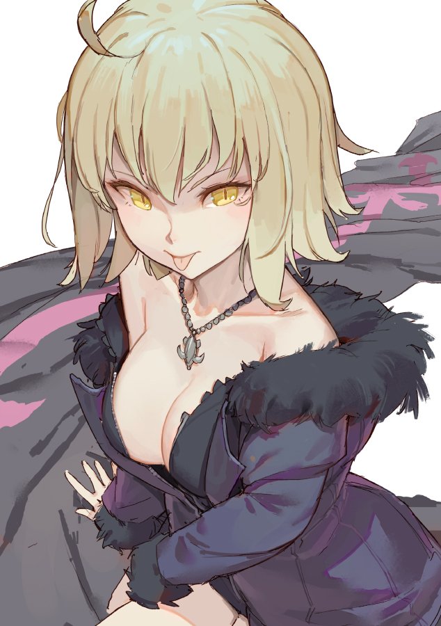 1girl ahoge bangs blonde_hair breasts cleavage commentary fingernails fur_collar hair_between_eyes jewelry necklace original purple_coat short_hair solo tim_loechner tongue white_background yellow_eyes