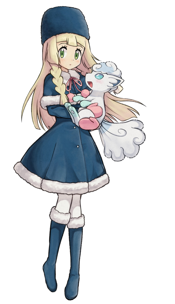 1girl :d alolan_vulpix alternate_costume bangs blonde_hair blue_capelet blue_dress blue_eyes blue_footwear blue_hat boots braid buttons capelet closed_mouth commentary dress expressionless floating_hair full_body fur-trimmed_boots fur-trimmed_dress fur-trimmed_sleeves fur_hat fur_trim green_eyes hat holding knee_boots lillie_(pokemon) long_hair long_sleeves looking_at_viewer meis_(terameisu) mittens neck_ribbon open_mouth pink_mittens pink_ribbon pokemon pokemon_(creature) pokemon_(game) pokemon_sm ribbon short_dress sidelocks simple_background smile standing straight_hair tareme thigh-highs twin_braids white_background white_legwear