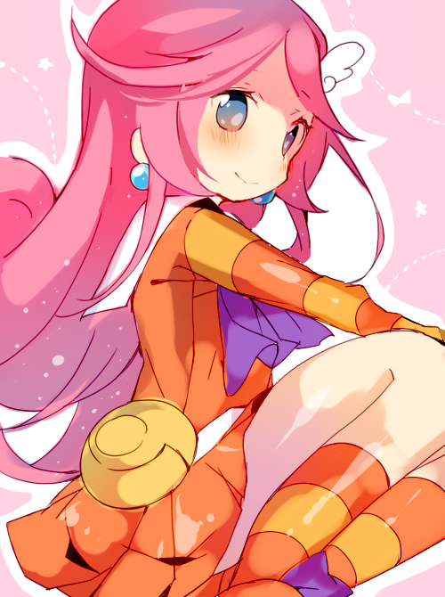 1girl ana_(rznuscrf) ascot bangs blue_eyes blush closed_mouth eyebrows_visible_through_hair kneehighs long_hair long_sleeves orange_shirt orange_skirt pink_background pink_hair pleated_skirt purple_neckwear puyopuyo raffine_(puyopuyo) shirt sitting skirt smile solo striped striped_legwear very_long_hair wing_hair_ornament