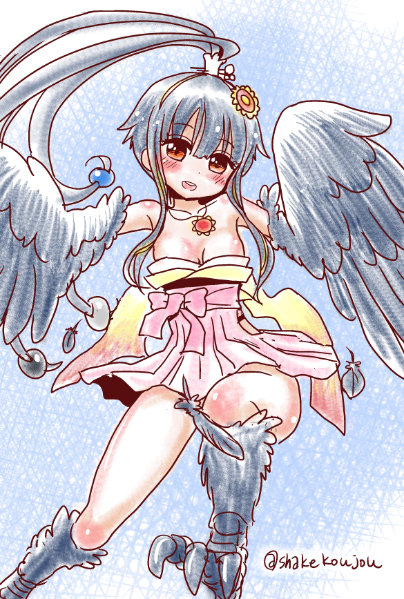 1girl :d bangs bare_shoulders blue_background blue_hair blush brown_eyes claws convenient_censoring dress eyebrows_visible_through_hair feathers flower flying hair_flower hair_ornament harpy head_tilt jewelry knee_up long_hair monster_girl monster_musume_no_iru_nichijou monster_musume_no_iru_nichijou_online necklace open_mouth pink_dress ponytail shake-o smile solo twitter_username