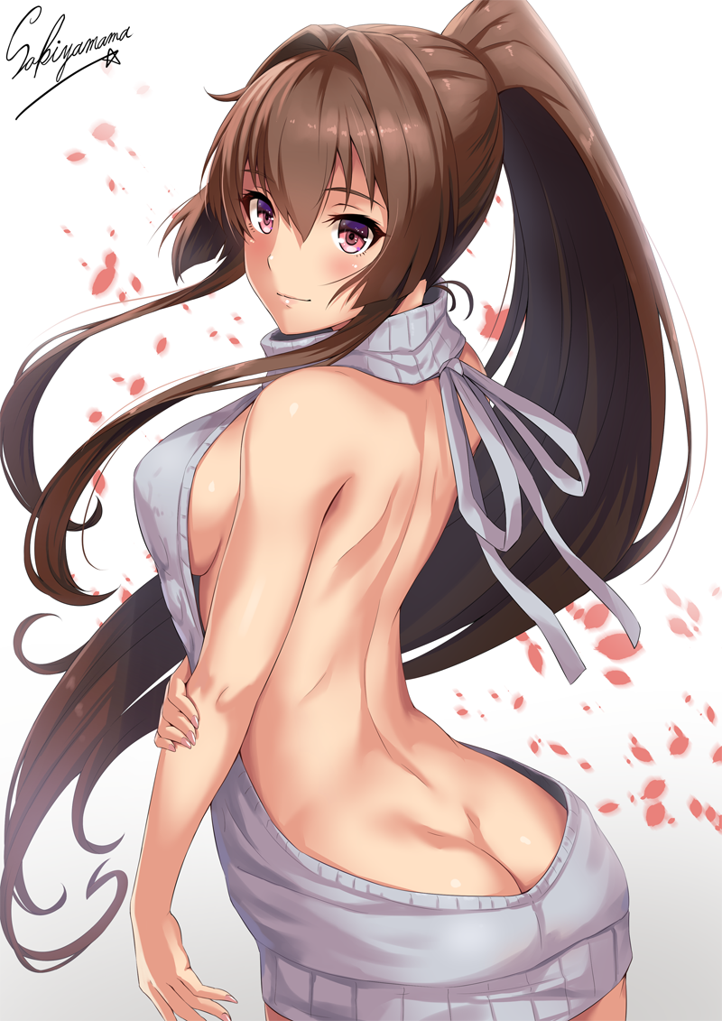1girl alternate_costume artist_name ass backless_outfit bare_back blush breasts brown_hair butt_crack cherry_blossoms dimples_of_venus dress fingernails gradient gradient_background grey_sweater hair_between_eyes hair_intakes halter_dress halterneck hand_on_own_arm holding_arm kantai_collection large_breasts lips long_hair looking_at_viewer meme_attire naked_sweater open-back_dress pink_eyes ponytail ribbed_sweater sakiyamama sideboob simple_background smile solo sweater turtleneck upper_body very_long_hair virgin_killer_sweater yamato_(kantai_collection)