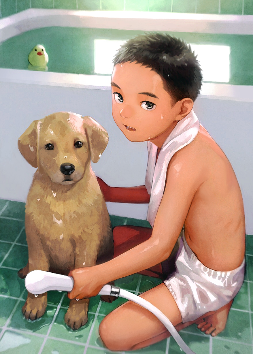 1boy :s animal b_gent bare_legs barefoot bathroom bathtub black_eyes black_hair dog forehead from_side full_body highres holding looking_at_viewer looking_to_the_side male_focus male_underwear navel open_mouth original pet puddle reflection rubber_duck shirtless shower_head solo squatting towel towel_around_neck underwear underwear_only water water_drop wet