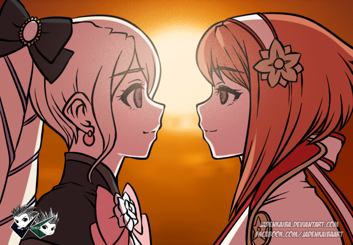 2girls animated animated_gif artist_name backlighting bangs black_bow blinking blonde_hair bow bowtie brown_eyes closed_eyes closed_mouth earrings elise_(fire_emblem_if) eye_contact eyebrows_visible_through_hair facing_another fire_emblem fire_emblem_if french_kiss from_side hair_bow hairband jadenkaiba jewelry kiss long_hair looking_at_another multiple_girls nail_polish open_mouth pink_bow pink_nails profile redhead round_teeth sakura_(fire_emblem_if) short_hair sun sunlight sunset teeth twintails upper_body violet_eyes watermark web_address white_hairband yuri