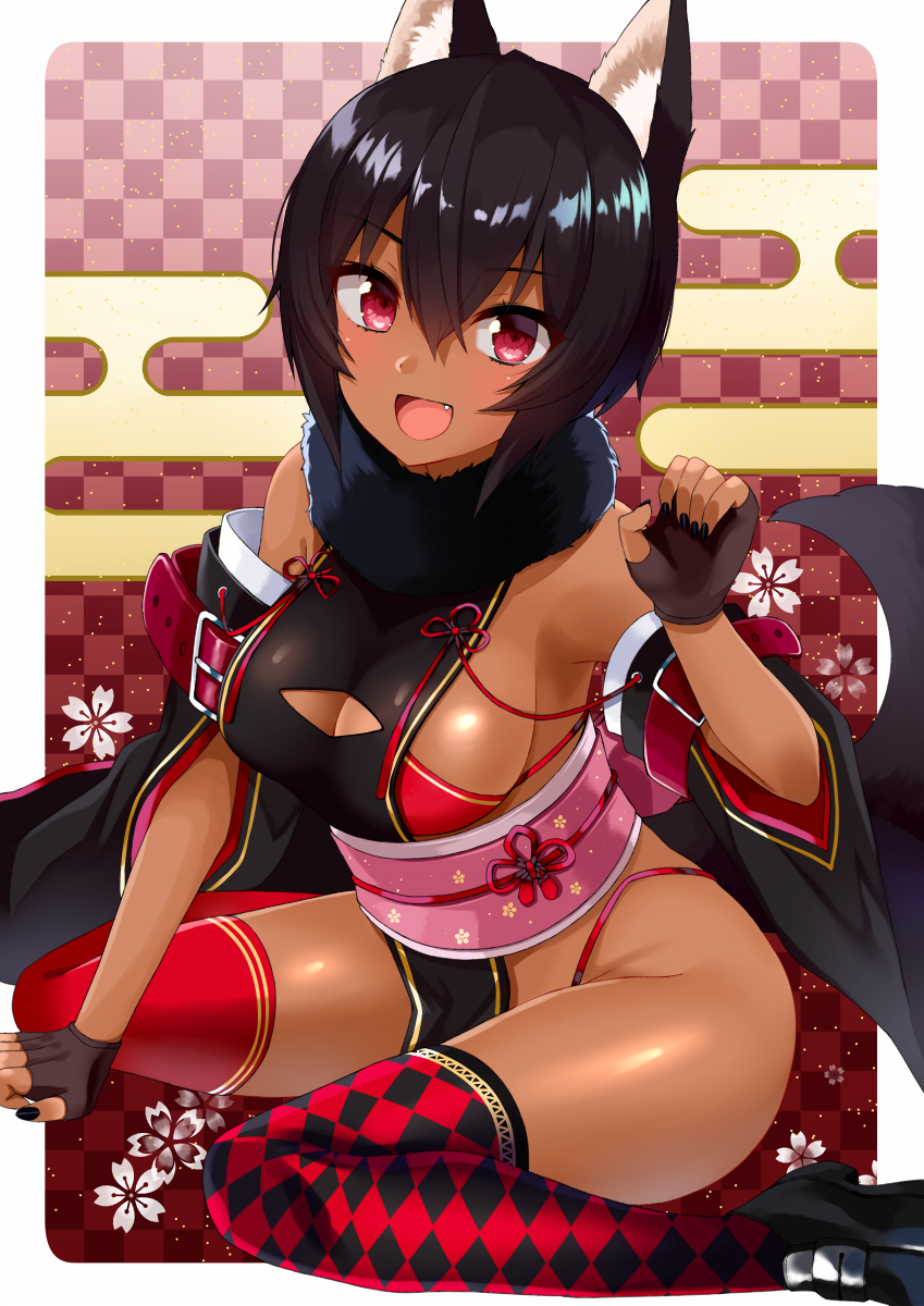 1girl :d animal_ears argyle argyle_legwear arm_belt arm_support bikini black_footwear black_gloves black_hair black_nails blush breasts cleavage cleavage_cutout dark_skin detached_sleeves fang fingerless_gloves gloves gomashi_(goma) highres japanese_clothes large_breasts loafers looking_at_viewer mismatched_legwear nail_polish obi open_mouth original red_bikini red_eyes red_legwear sash scarf shoes sideboob sitting smile solo swimsuit tail thigh-highs thighs wariza wide_sleeves wolf_ears wolf_tail