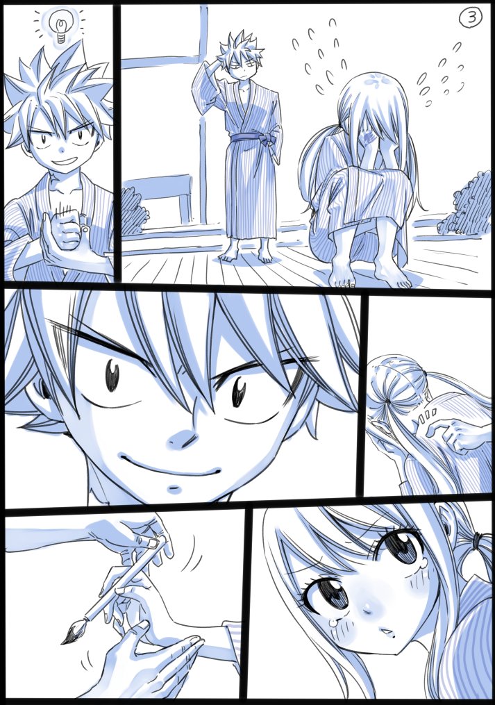 1boy 1girl bath_yukata black_border border comic covering_face embarrassed fairy_tail flying_teardrops hand_tattoo japanese_clothes kimono long_hair looking_back lucy_heartfilia mashima_hiro monochrome natsu_dragneel paintbrush silent_comic spiky_hair squatting tapping tears twintails wooden_floor yukata