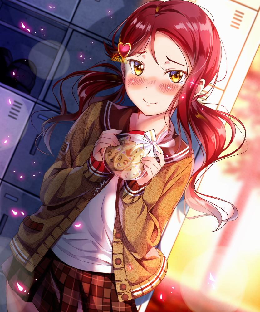 1girl blurry blush cardigan closed_mouth cookie cowboy_shot depth_of_field dutch_angle food hair_ornament hairclip lens_flare locker long_hair looking_at_viewer love_live! love_live!_school_idol_project love_live!_sunshine!! redhead sakurauchi_riko school_uniform smile solo sparkle tears tipii yellow_eyes