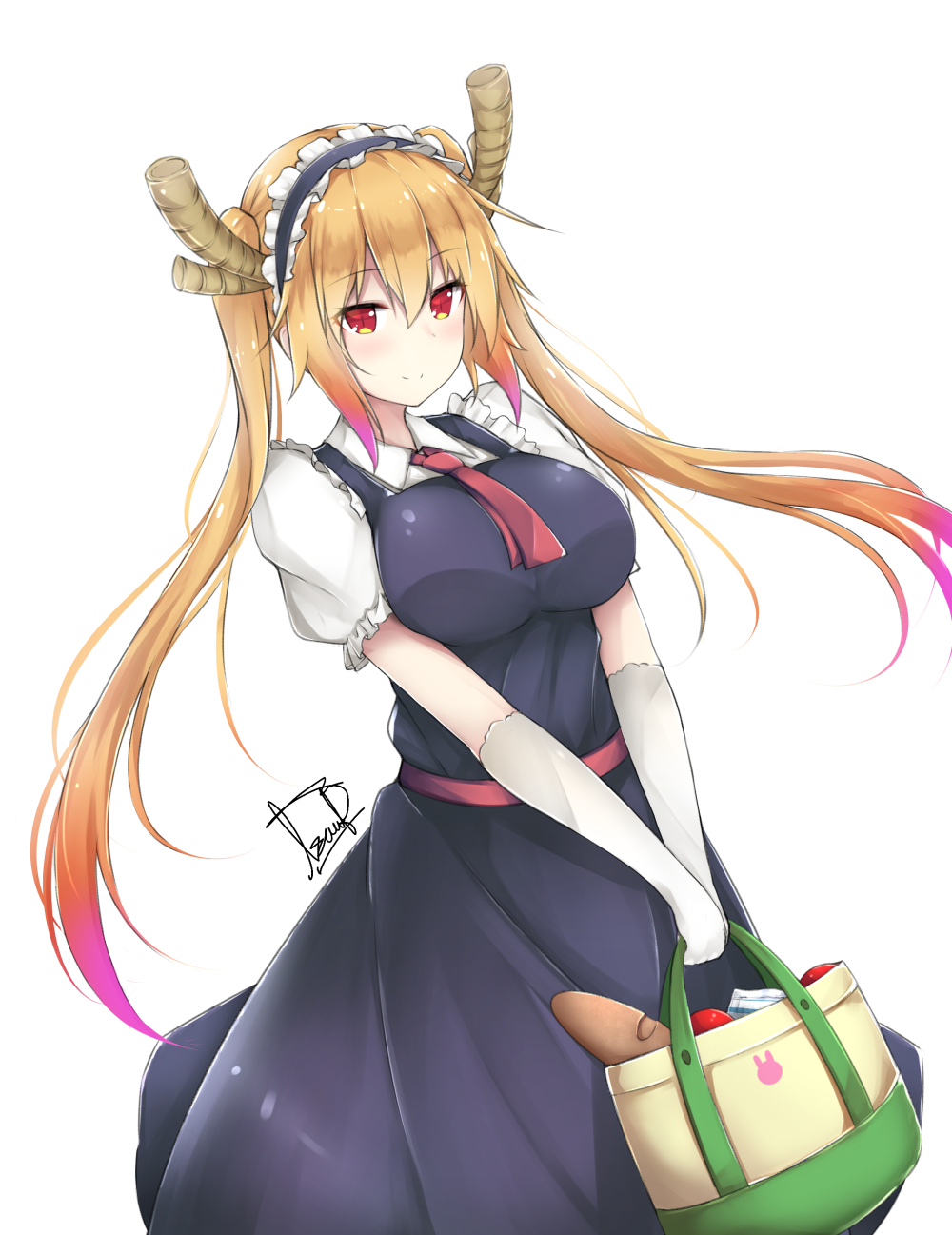 1girl blush bread breasts cravat dragon_horns eyebrows_visible_through_hair food gloves gradient_hair hair_between_eyes highres holding_bag horns kobayashi-san_chi_no_maidragon large_breasts linez long_hair looking_at_viewer maid multicolored_hair orange_hair puffy_short_sleeves puffy_sleeves purple_hair red_eyes sash short_sleeves simple_background slit_pupils smile tooru_(maidragon) twintails v_arms very_long_hair white_background white_gloves