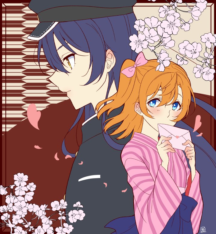 2girls artist_request bangs blue_eyes blue_hair blush cherry_blossoms commentary_request flower hair_between_eyes hat japanese_clothes kimono kousaka_honoka letter long_hair looking_to_the_side love_live! love_live!_school_idol_project multiple_girls one_side_up orange_hair sonoda_umi striped