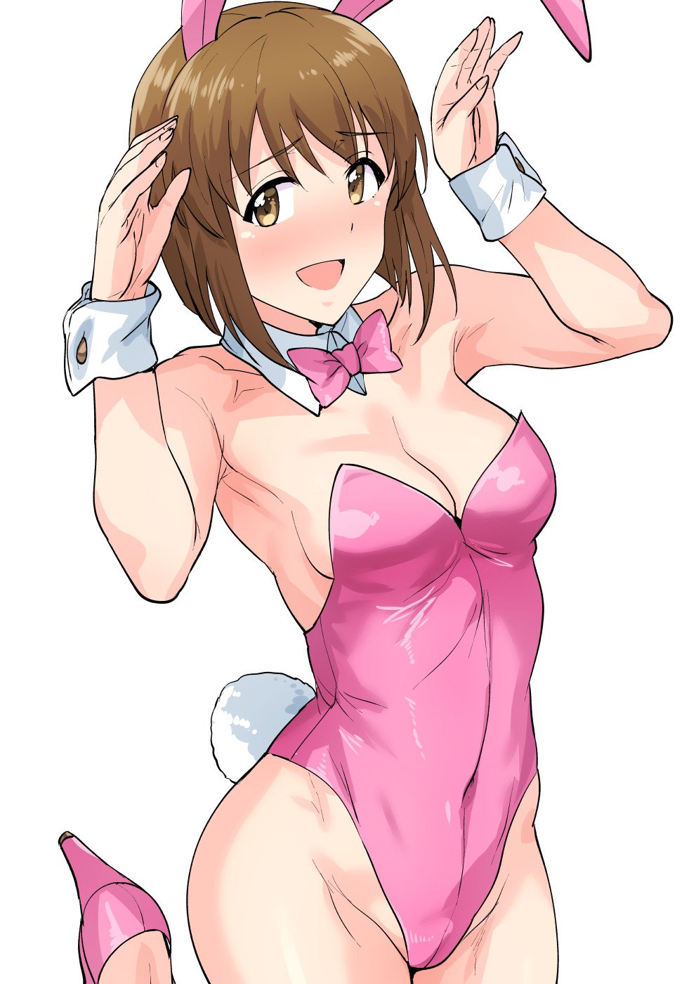 1girl animal_ears bob_cut bow bowtie breasts brown_eyes brown_hair bunny_pose bunny_tail bunnysuit cowboy_shot detached_collar hagiwara_yukiho high_heels highres idolmaster idolmaster_(classic) leotard looking_at_viewer medium_breasts open_mouth pink_leotard pink_neckwear rabbit_ears short_hair simple_background smile solo strapless strapless_leotard tail tsurui white_background wrist_cuffs