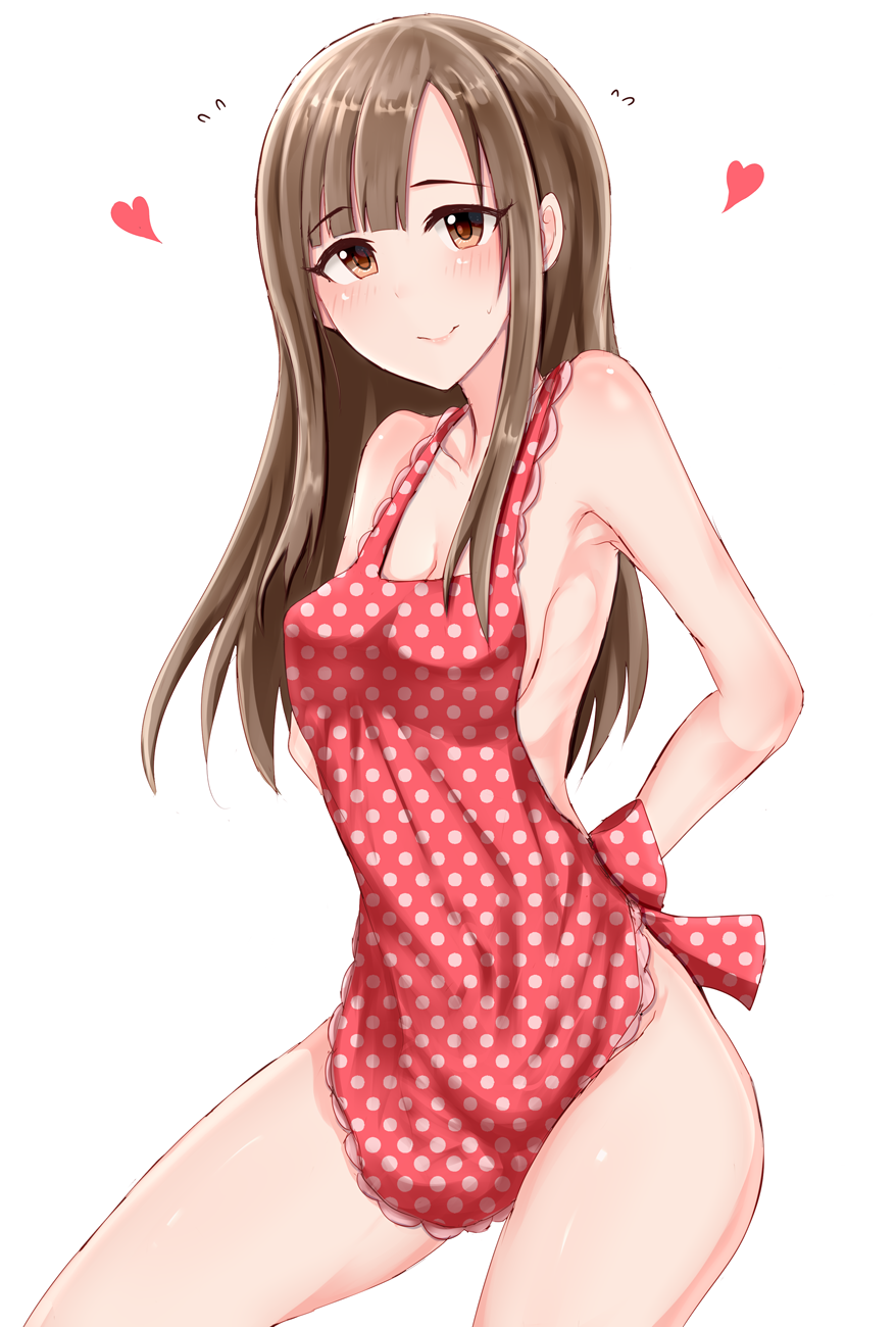 1girl apron blush breasts brown_eyes brown_hair heart highres idolmaster idolmaster_cinderella_girls long_hair looking_at_viewer medium_breasts mizumoto_yukari naked_apron polka_dot polka_dot_apron shirushiru_(saitou888) smile solo