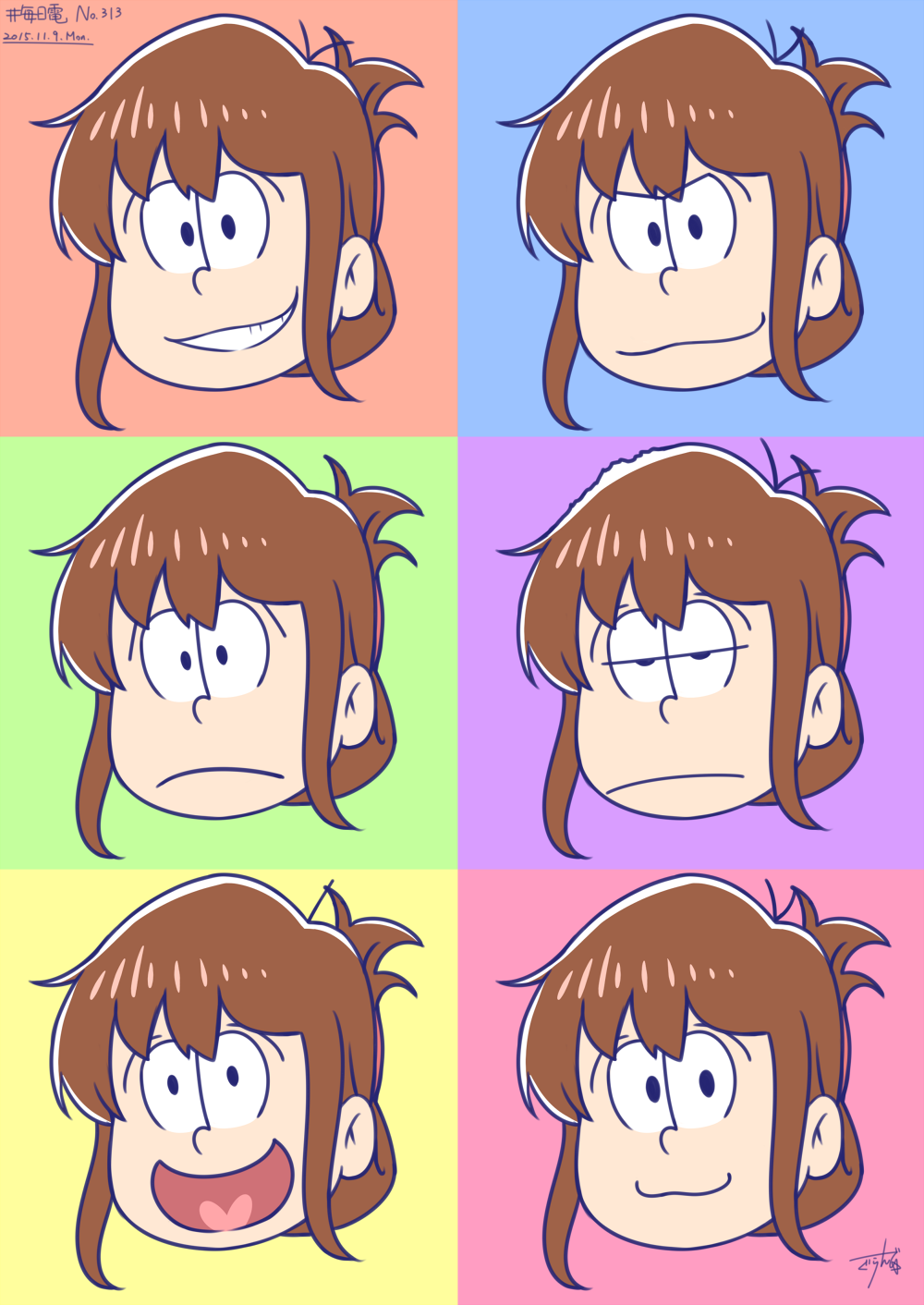 1girl :d annoyed bangs brown_hair closed_mouth dated expressions gurande_(g-size) heart heart_in_mouth highres inazuma_(kantai_collection) kantai_collection looking_at_viewer multicolored multicolored_background open_mouth osomatsu-san signature smile