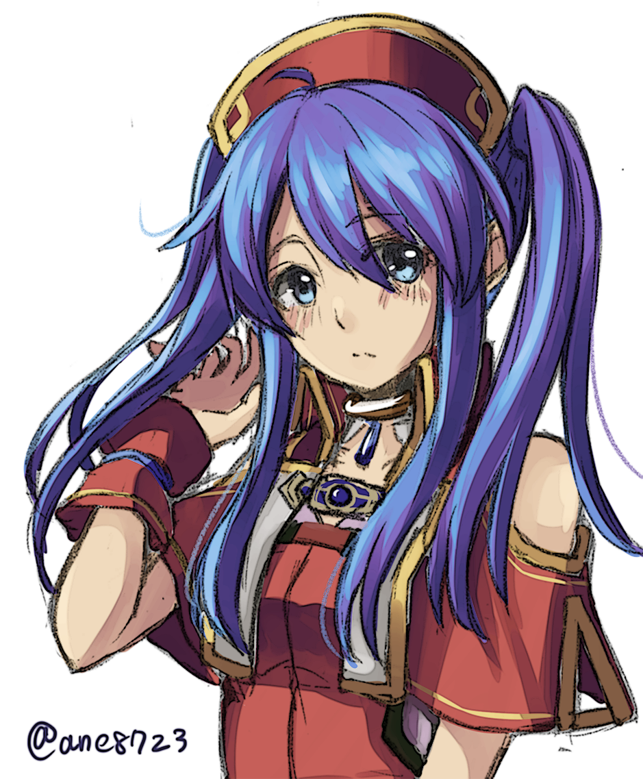 1girl alternate_hairstyle ane-suisei blue_eyes blue_hair blush dress embarrassed fire_emblem fire_emblem:_fuuin_no_tsurugi hat lilina long_hair simple_background solo twintails