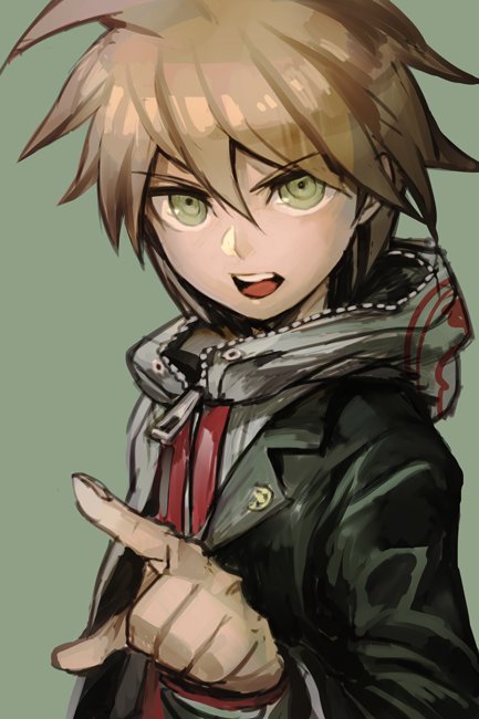 1boy black_jacket brown_hair dangan_ronpa danganronpa:_trigger_happy_havoc danganronpa_(series) green_background green_eyes grey_hoodie hair_between_eyes hankuri hood hood_down hoodie index_finger_raised jacket long_sleeves looking_at_viewer naegi_makoto open_mouth pointing pointing_at_viewer ringed_eyes simple_background solo