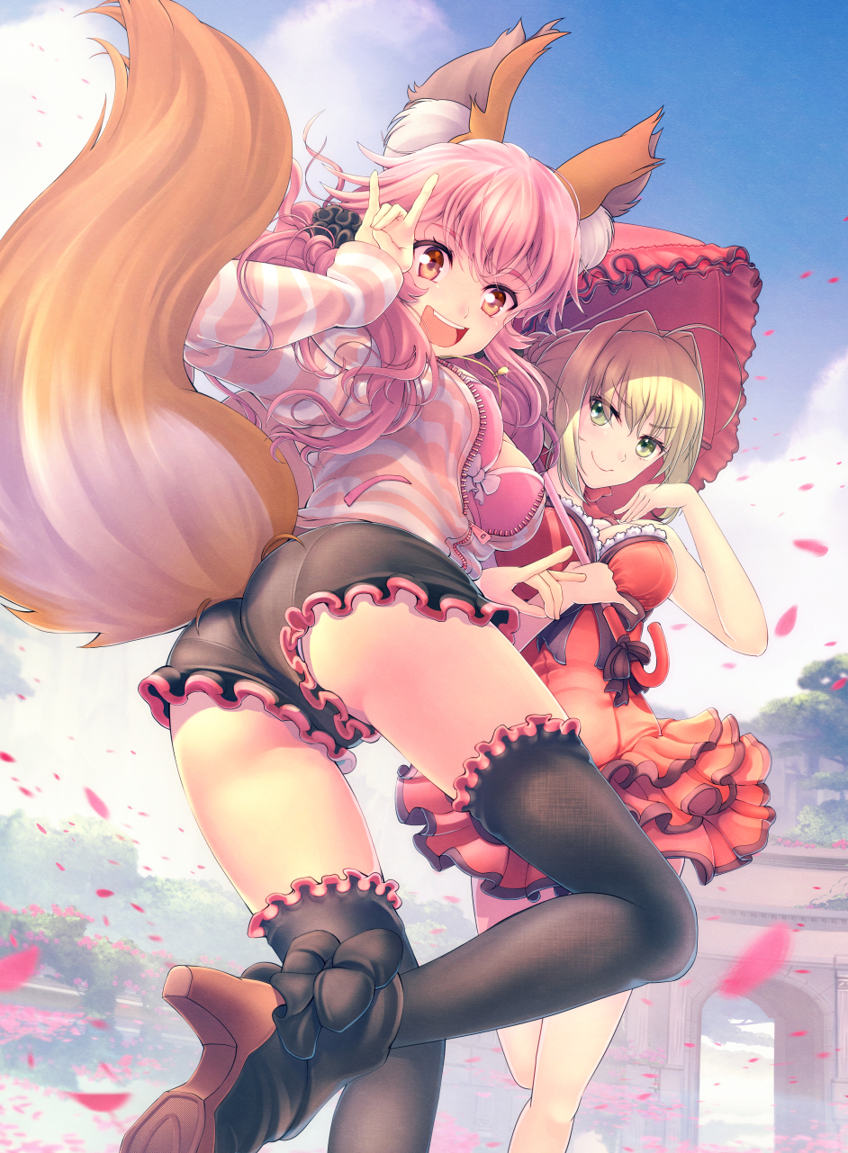 2girls ahoge animal_ears black_legwear black_shorts blonde_hair bow bow_bra bra breasts bridge cleavage clouds cloudy_sky day dress fate/extra fate/grand_order fate_(series) fox_shadow_puppet green_eyes hair_intakes hair_ornament hair_scrunchie highres holding long_hair looking_at_viewer multiple_girls nero_claudius_(fate) nero_claudius_(fate)_(all) open_mouth outdoors pakupaku_choppu parasol petals pink_bra pink_hair pleated_dress red_dress red_eyes saber_extra scrunchie shorts sky sleeveless smile soles standing striped_hoodie tamamo_(fate)_(all) tamamo_no_mae_(fate) thigh-highs twisted_torso umbrella underwear