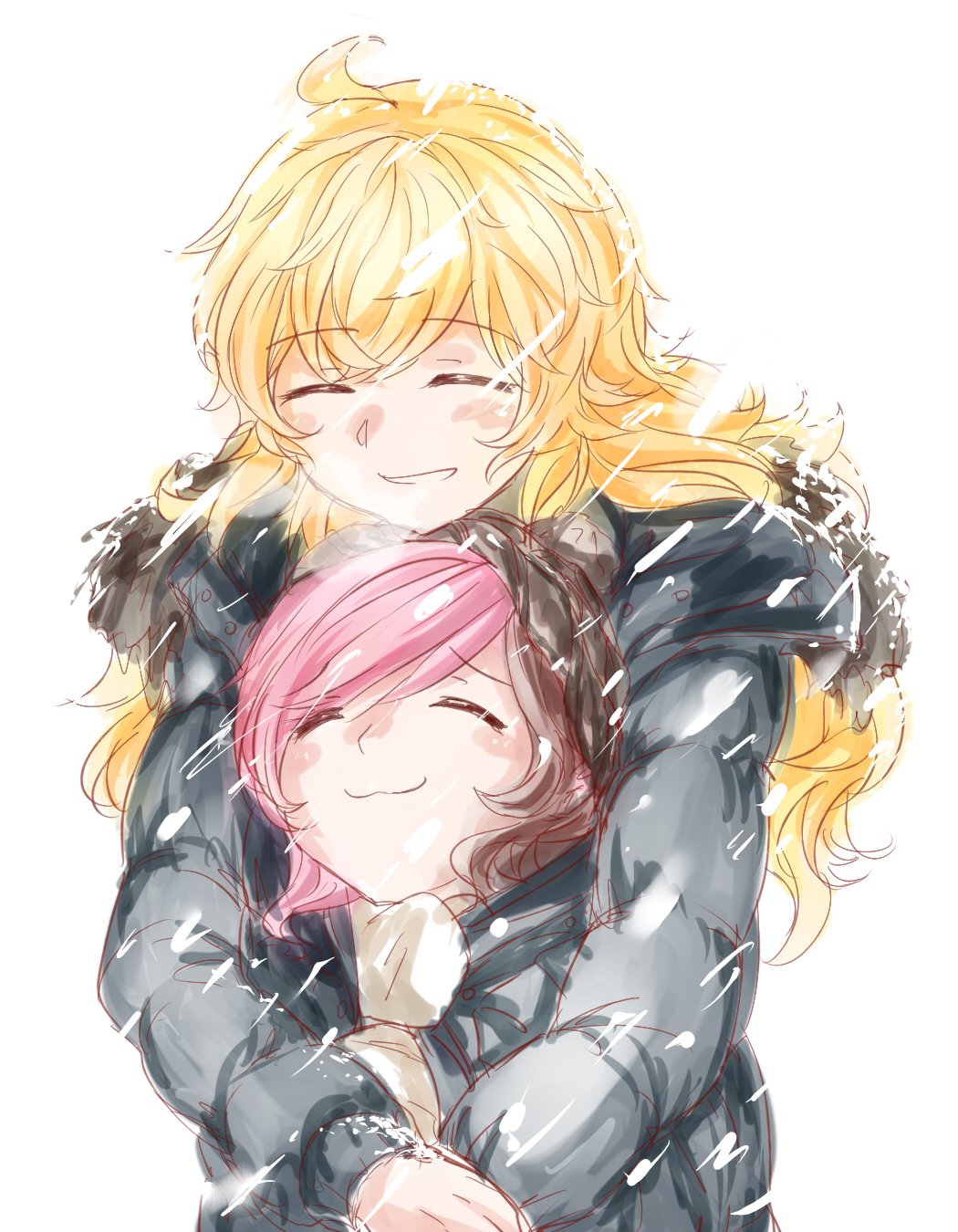 2girls check_commentary closed_eyes coat commentary_request height_difference highres hug hug_from_behind multiple_girls neo_(rwby) rwby snowing tl yang_xiao_long yuri