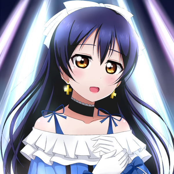 1girl bangs blue_hair bow choker commentary_request earrings eyebrows_visible_through_hair gloves hair_between_eyes hair_bow jewelry kira-kira_sensation! long_hair love_live! love_live!_school_idol_project open_mouth smile solo sonoda_umi upper_body wewe yellow_eyes