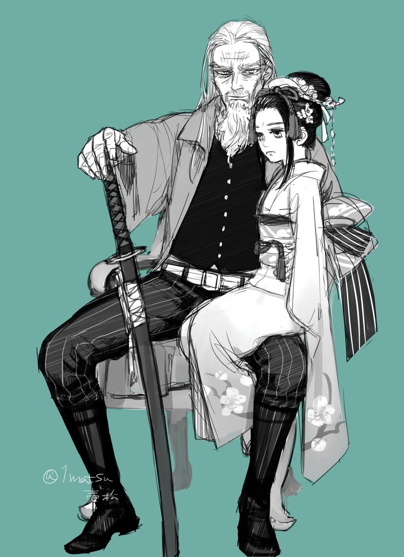 1boy 1girl ainu alternate_costume alternate_hairstyle asirpa beard child commentary facial_hair flower formal furisode golden_kamuy hair_flower hair_ornament hair_pulled_back hijikata_toshizou_(golden_kamuy) ichimatsu_(odoro_lol) japanese_clothes katana kimono long_hair monochrome old_man sitting sword weapon white_hair