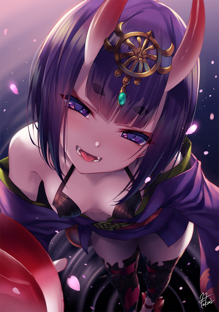 1girl :d alcohol bangs bare_shoulders black_legwear blunt_bangs blush breasts cherry_blossoms cup eyebrows_visible_through_hair fangs fate/grand_order fate_(series) foreshortening fukai_ryousuke gem half-closed_eyes head_tilt headpiece holding holding_cup horns japanese_clothes kimono looking_at_viewer looking_up off_shoulder oni_horns open_clothes open_kimono open_mouth petals purple_hair purple_kimono ripples sakazuki sake short_hair shuten_douji_(fate/grand_order) signature small_breasts smile solo standing standing_on_liquid thick_eyebrows thigh-highs thighs tongue tongue_out violet_eyes