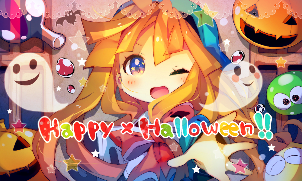 1girl ;d ana_(rznuscrf) bangs bat blonde_hair blue_eyes blue_hat blush blush_stickers closed_eyes ghost hair_between_eyes happy_halloween hat indoors jack-o'-lantern lace_border long_hair looking_at_viewer one_eye_closed open_mouth outstretched_arm potion puyopuyo smile solo star star_in_eye very_long_hair window witch_(puyopuyo)