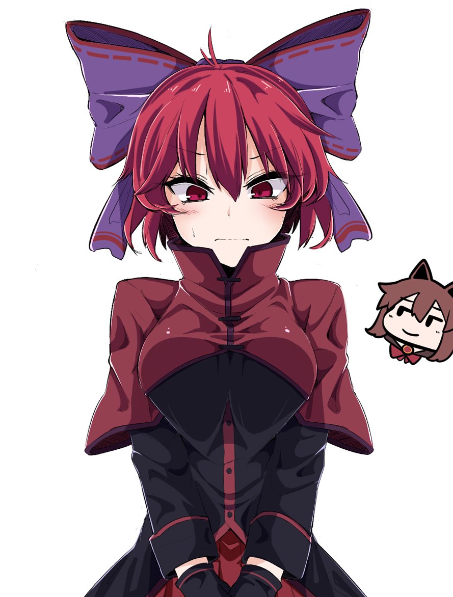 2girls animal_ears antenna_hair bangs black_coat black_eyes black_gloves bow breast_squeeze breasts brown_hair chibi_inset closed_mouth frown gloves hair_between_eyes hair_bow imaizumi_kagerou jitome long_sleeves looking_down medium_breasts multiple_girls own_hands_together purple_bow red_capelet red_eyes redhead rihito_(usazukin) sekibanki short_hair simple_background smug sweatdrop touhou tsurime upper_body v_arms white_background wolf_ears
