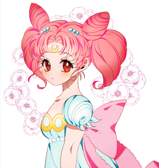 1girl bangs bishoujo_senshi_sailor_moon bow chibi_usa crescent double_bun dress facial_mark flower forehead_mark from_side hair_ornament hairclip looking_at_viewer nanette_(krowaze) parted_bangs pink_bow pink_hair puffy_short_sleeves puffy_sleeves red_eyes short_sleeves small_lady_serenity solo twintails upper_body white_dress