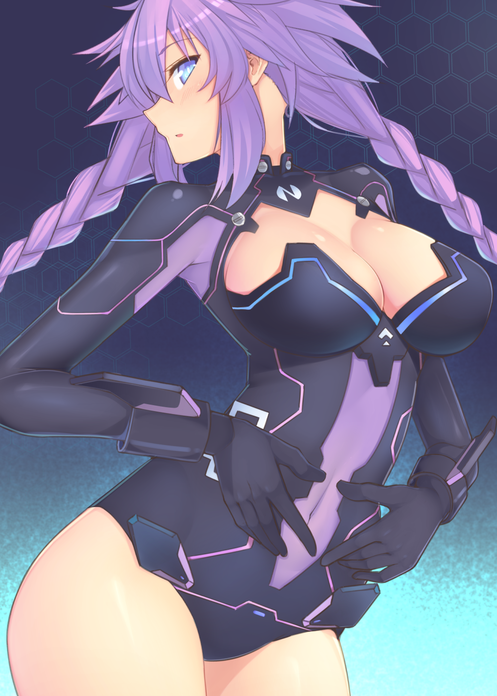 1girl blue_eyes blush braid breasts cleavage cleavage_cutout covered_navel cowboy_shot dura facing_to_the_side hands_on_own_stomach highres large_breasts leotard long_hair looking_at_viewer neptune_(series) open_mouth power_symbol purple_hair purple_heart skin_tight solo symbol-shaped_pupils twin_braids twintails