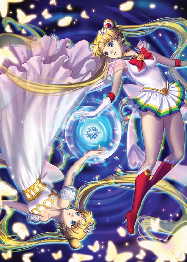 1girl 2girls bishoujo_senshi_sailor_moon blonde_hair blue_eyes boots bow brooch butterfly choker crescent detached_sleeves dress dual_persona elbow_gloves gloves hair_ornament hairclip high_heel_boots high_heels jewelry kneeboots lojet long_hair maboroshi_no_ginzuishou multiple_girls neo_queen_serenity puffy_short_sleeves puffy_sleeves red_bow red_footwear sailor_moon see-through short_sleeves super_sailor_moon symmetry tiara tsukino_usagi twintails very_long_hair white_dress white_gloves
