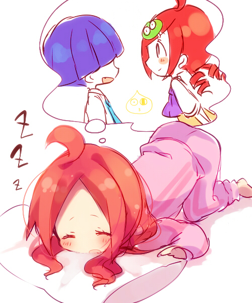 1boy 1girl :o ahoge ana_(rznuscrf) andou_ringo bangs barefoot blue_neckwear blush closed_eyes dreaming forehead hair_over_eyes low_twintails necktie open_mouth pajamas pants parted_bangs pillow pink_pajamas pink_pants pink_shirt profile purple_hair puyopuyo redhead ringlets sasaki_maguro shirt short_sleeves sleeping twintails white_background white_shirt zzz