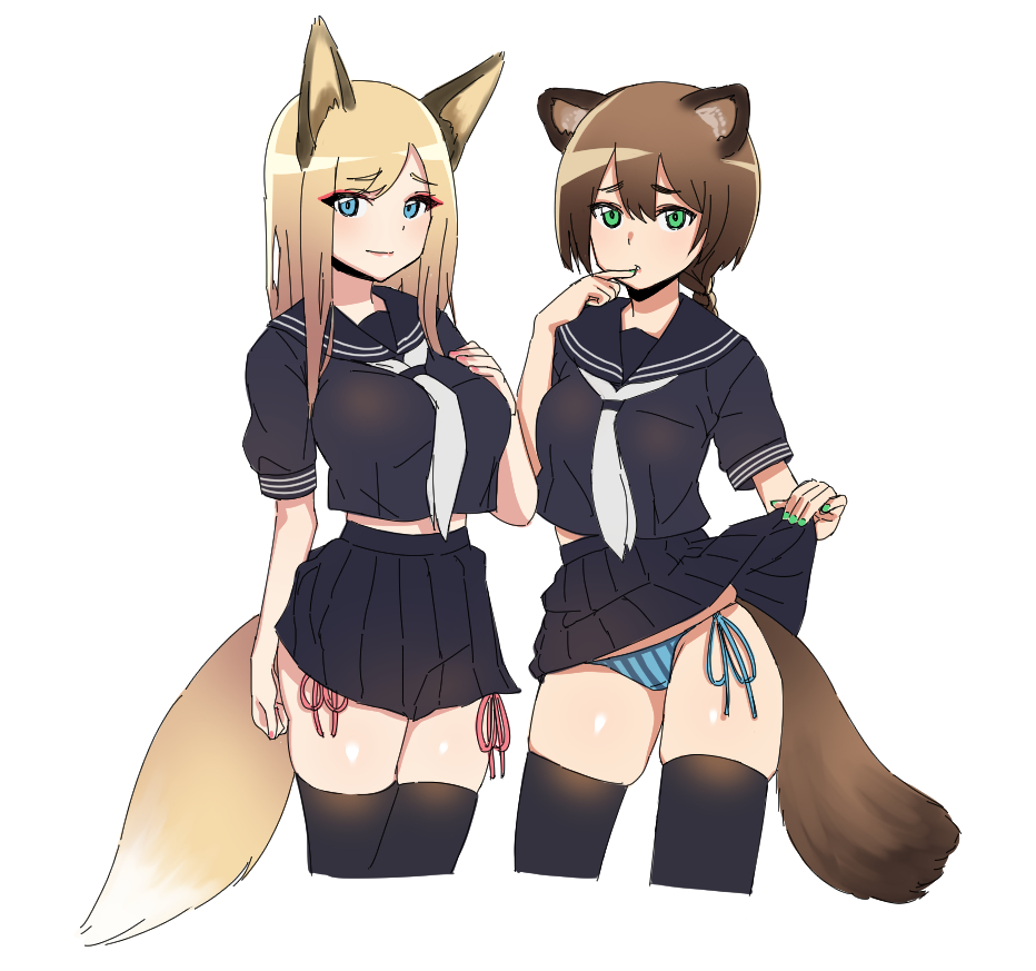 2girls animal_ears bangs black_sailor_collar black_serafuku blonde_hair blue_eyes blue_panties braid breasts brown_hair cowboy_shot drawstring eyebrows_visible_through_hair finger_to_mouth fox_ears fox_tail green_eyes green_nails hand_on_own_chest large_breasts lifted_by_self long_hair looking_at_viewer medium_breasts midriff miniskirt multiple_girls nail_polish neckerchief nezuko original panties puffy_short_sleeves puffy_sleeves raccoon_ears raccoon_tail red_nails red_panties sailor_collar school_uniform serafuku short_sleeves side-tie_panties simple_background single_braid skindentation skirt skirt_lift string_panties striped tail thigh-highs underwear vertical-striped_panties vertical_stripes white_background zettai_ryouiki