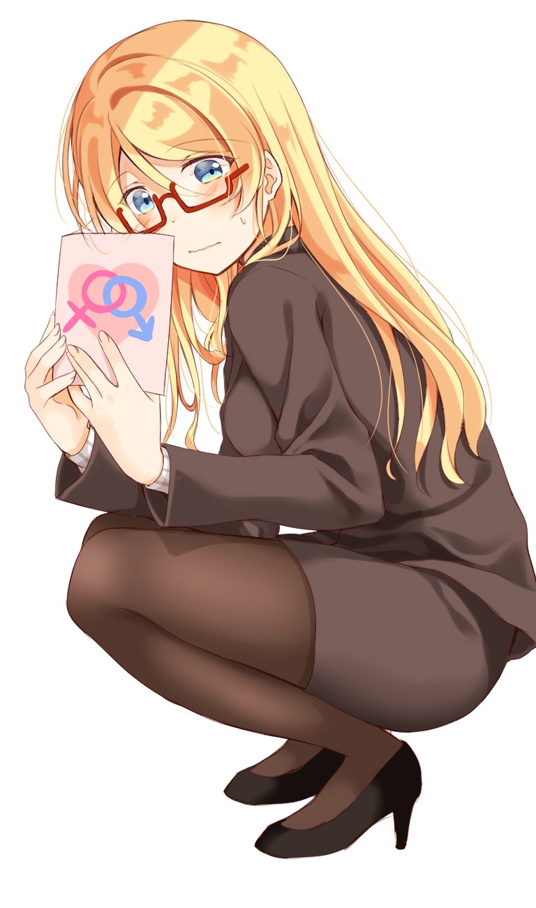 1girl ayase_eli blonde_hair blue_eyes eyebrows_visible_through_hair formal glasses highres long_hair looking_at_viewer love_live! love_live!_school_idol_project mogu_(au1127) office_lady pantyhose solo squatting sweatdrop