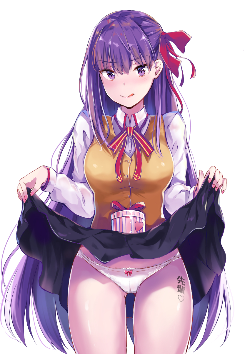 1girl bangs black_skirt body_writing bow bow_panties breasts brown_vest buttons closed_mouth collared_shirt eyebrows_visible_through_hair fate/stay_night fate_(series) gluteal_fold hair_ribbon heart highres konka licking_lips lifted_by_self long_hair long_sleeves looking_at_viewer matou_sakura medium_breasts nail_polish panties pink_nails purple_hair red_ribbon ribbon shirt simple_background skirt skirt_lift solo standing tongue tongue_out translation_request underwear valentine very_long_hair vest violet_eyes white_background white_panties white_shirt