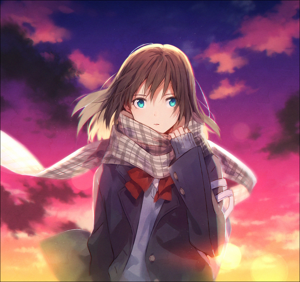 1girl aqua_eyes bangs black_coat bow bowtie brown_hair clouds cloudy_sky coat hakusai_(tiahszld) hand_up lens_flare medium_hair original plaid plaid_scarf red_neckwear revision scarf school_uniform sky sleeves_past_wrists solo star_(sky) twilight upper_body