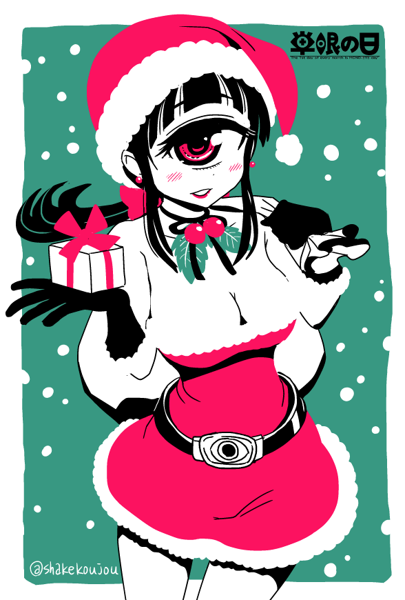 1girl bare_shoulders black_hair blush box breasts cleavage cowboy_shot cyclops earrings fur_trim gift gift_box gloves hat hitomi_sensei_no_hokenshitsu jewelry manaka_hitomi medium_breasts one-eyed red_eyes santa_costume santa_hat shake-o snow solo twitter_username