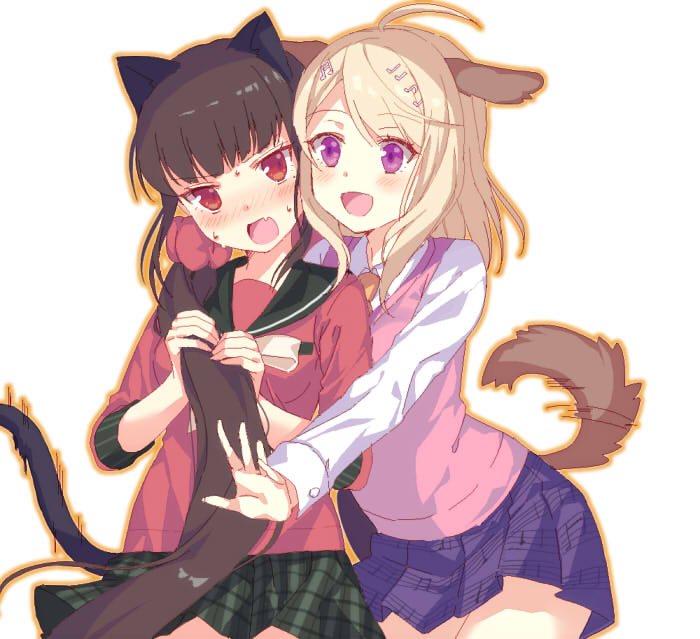 2girls :d ahoge akamatsu_kaede animal_ears bangs black_sailor_collar blonde_hair blush brown_hair cat_ears cat_tail cowboy_shot dangan_ronpa dog_ears dog_tail eyebrows_visible_through_hair green_skirt hair_ornament hair_scrunchie harukawa_maki imminent_hug kemonomimi_mode long_hair long_sleeves miniskirt motion_lines multiple_girls musical_note musical_note_hair_ornament musical_note_print new_dangan_ronpa_v3 nose_blush open_mouth outline plaid plaid_skirt playing_with_own_hair pleated_skirt print_skirt purple_skirt red_eyes sailor_collar school_uniform scrunchie serafuku shirt simple_background skirt smile standing surprised sweat sweater_vest swept_bangs tail tail_wagging tareme v-shaped_eyebrows very_long_hair violet_eyes white_background white_shirt yuraiko